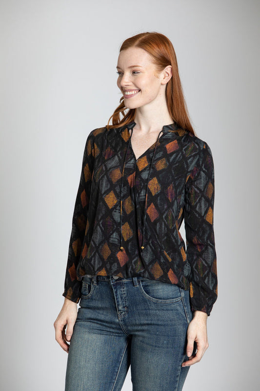 Geometric Rhombus Print Crossover Top With Tassel