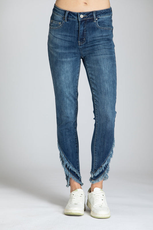 Liberty Double Layer Frayed Tulip Hem Skinny Ankle Medium Indigo